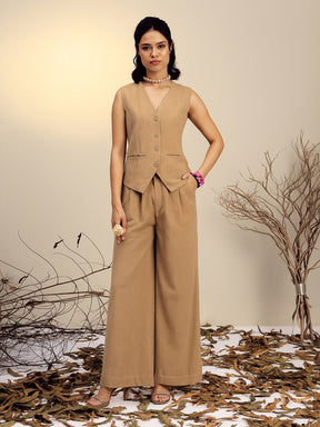 Beige Vest Top With Straight Pants-Pink Paprika By SASSAFRAS