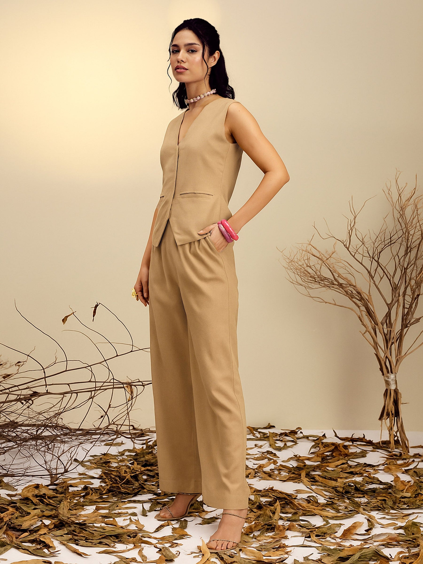 Beige Vest Top With Straight Pants-Pink Paprika By SASSAFRAS