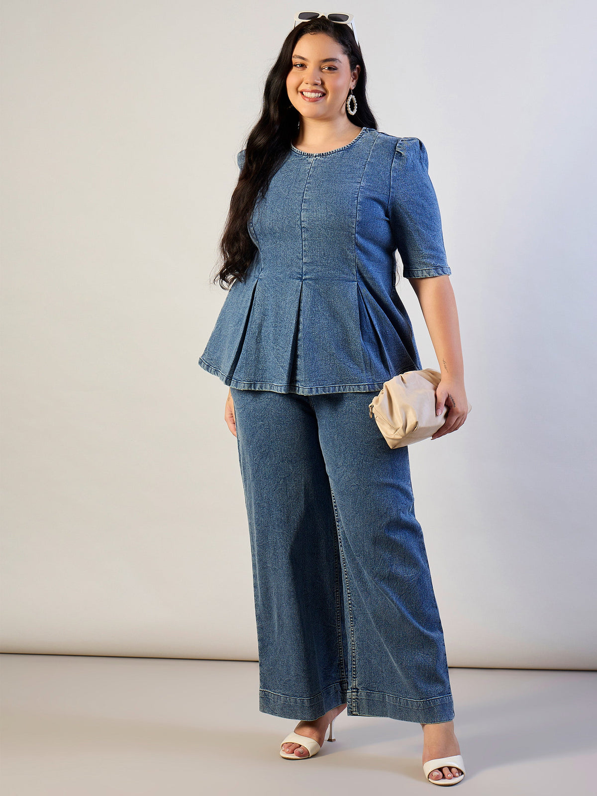 Ice Blue Wash Denim Peplum Top With Straight Jeans-SASSAFRAS CURVE