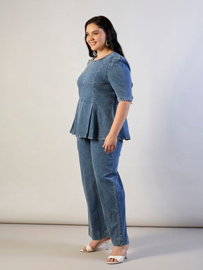 Ice Blue Wash Denim Peplum Top With Straight Jeans-SASSAFRAS CURVE