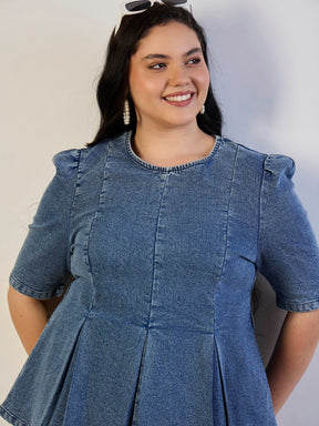 Ice Blue Wash Denim Peplum Top With Straight Jeans-SASSAFRAS CURVE