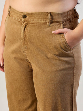 Brown Wash Denim Peplum Top With Straight Jeans-SASSAFRAS CURVE