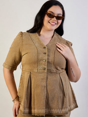 Brown Wash Denim Metal Button Top With Jeans-SASSAFRAS CURVE