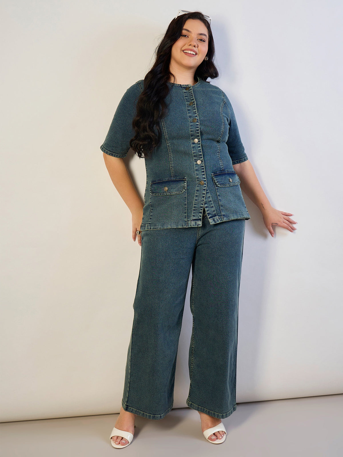 Olive Wash Denim Button Top With Jeans-SASSAFRAS CURVE
