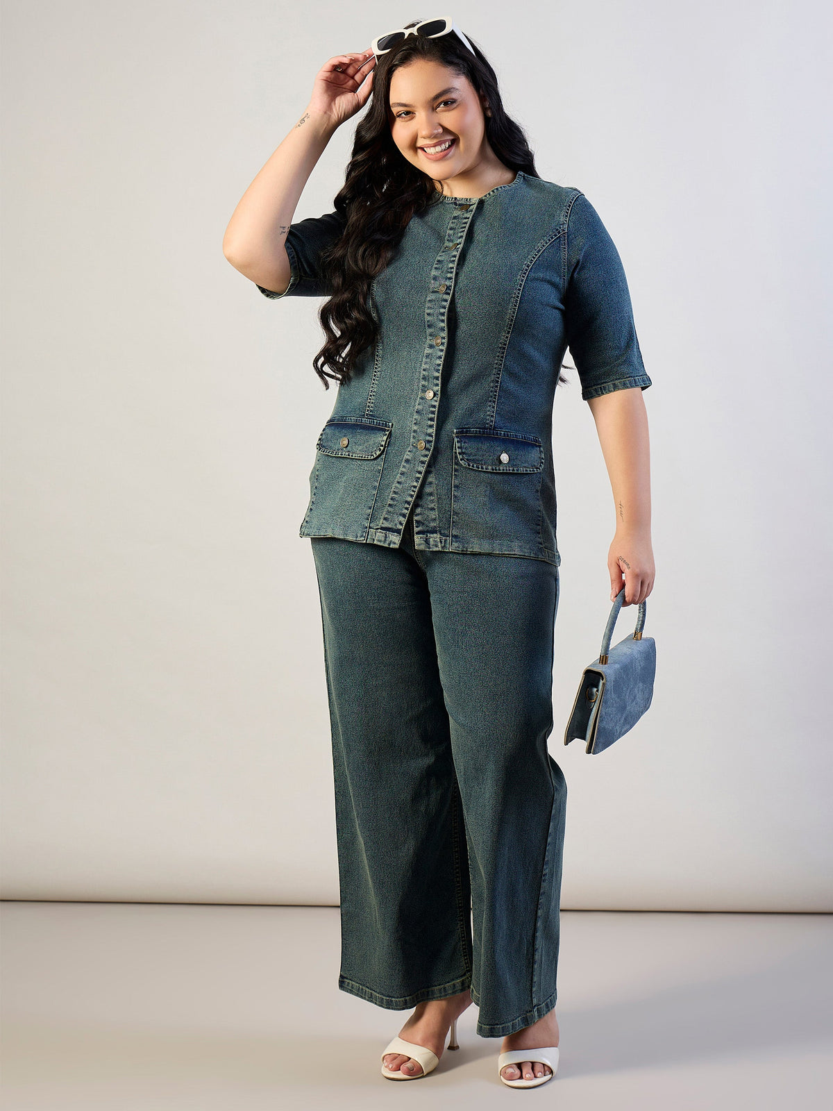 Olive Wash Denim Button Top With Jeans-SASSAFRAS CURVE