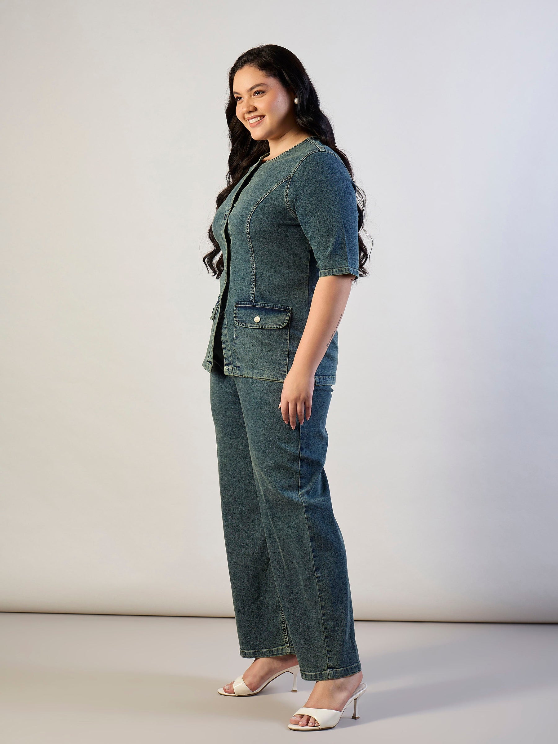 Olive Wash Denim Button Top With Jeans-SASSAFRAS CURVE