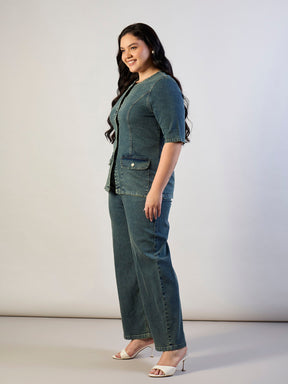 Olive Wash Denim Button Top With Jeans-SASSAFRAS CURVE