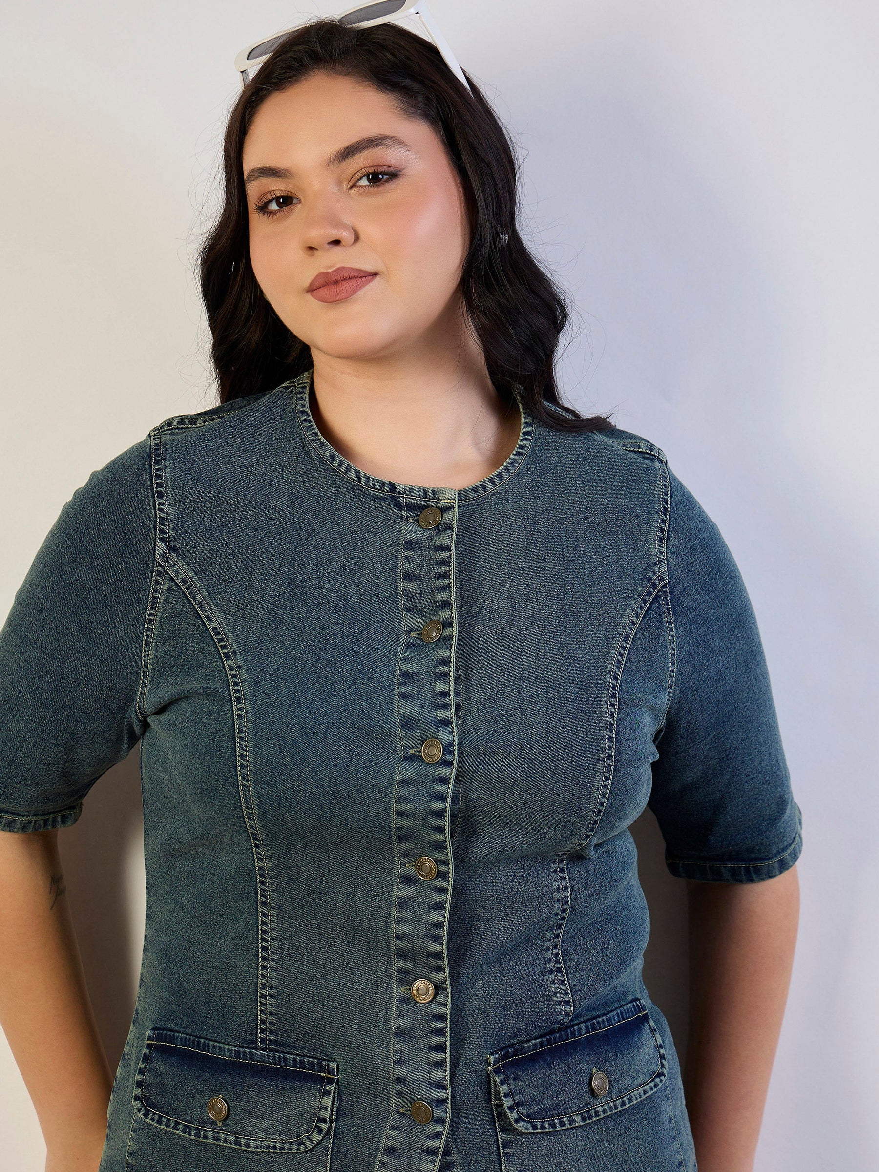 Olive Wash Denim Button Top With Jeans-SASSAFRAS CURVE