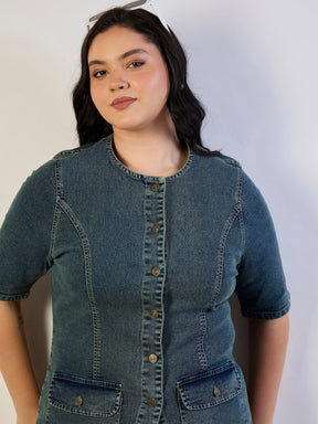 Olive Wash Denim Button Top With Jeans-SASSAFRAS CURVE