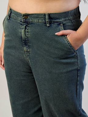 Olive Wash Denim Button Top With Jeans-SASSAFRAS CURVE