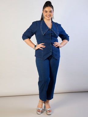 Blue Blast Denim Peter Pan Top With Mom Fit Jeans-SASSAFRAS CURVE