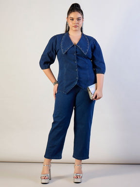 Blue Blast Denim Peter Pan Top With Mom Fit Jeans-SASSAFRAS CURVE