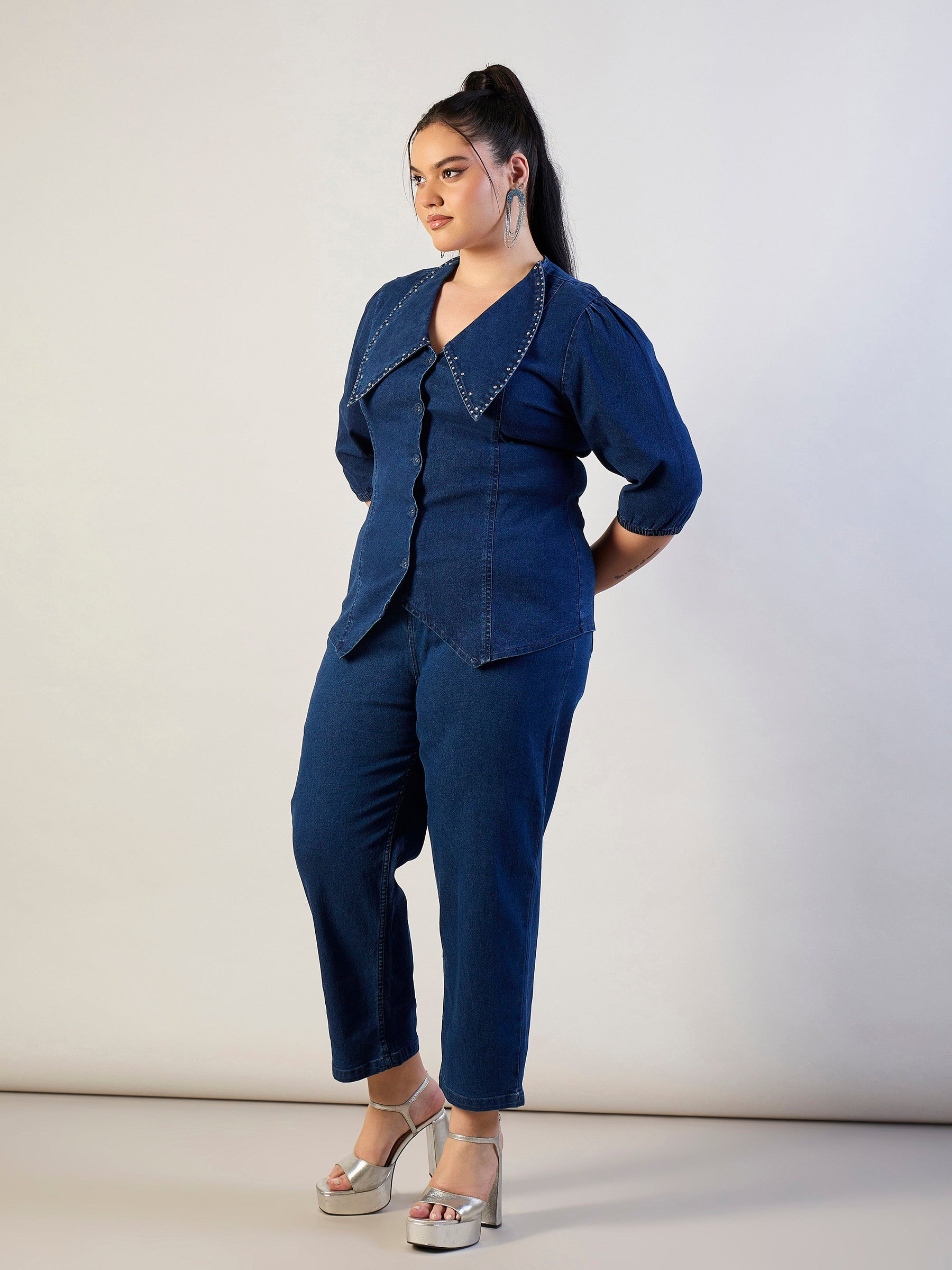 Blue Blast Denim Peter Pan Top With Mom Fit Jeans-SASSAFRAS CURVE