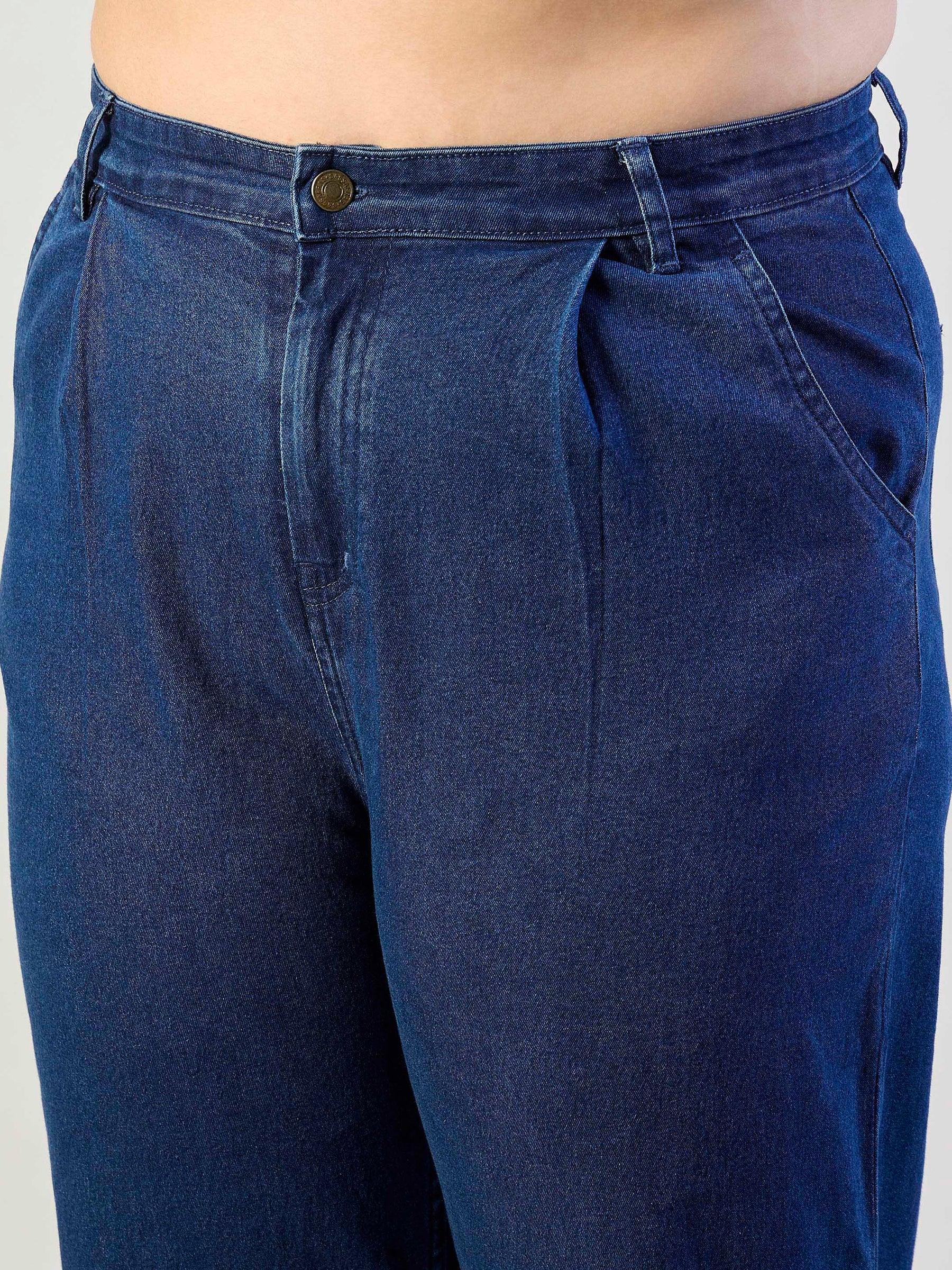 Blue Blast Denim Peter Pan Top With Mom Fit Jeans-SASSAFRAS CURVE