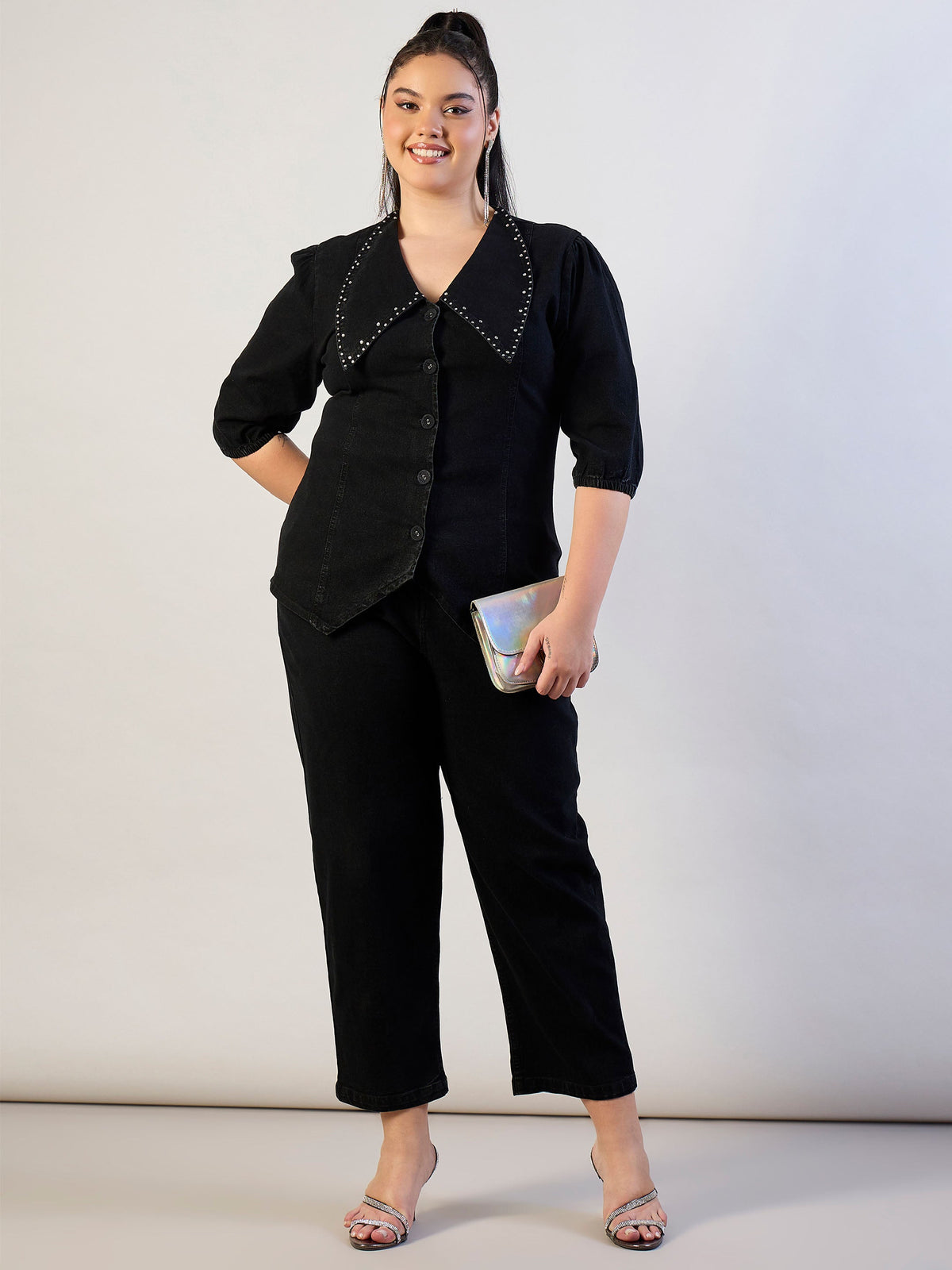 Jet Black Denim Peter Pan Top With Mom Fit Jeans-SASSAFRAS CURVE