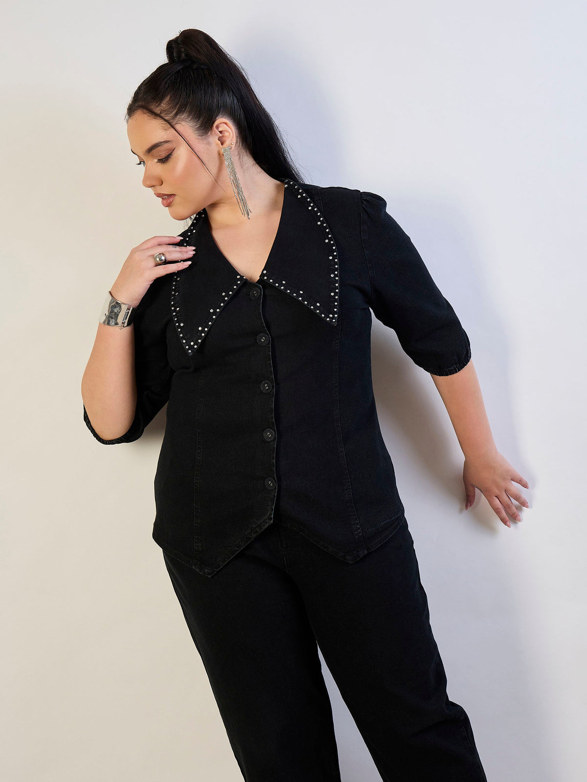 Jet Black Denim Peter Pan Top With Mom Fit Jeans-SASSAFRAS CURVE