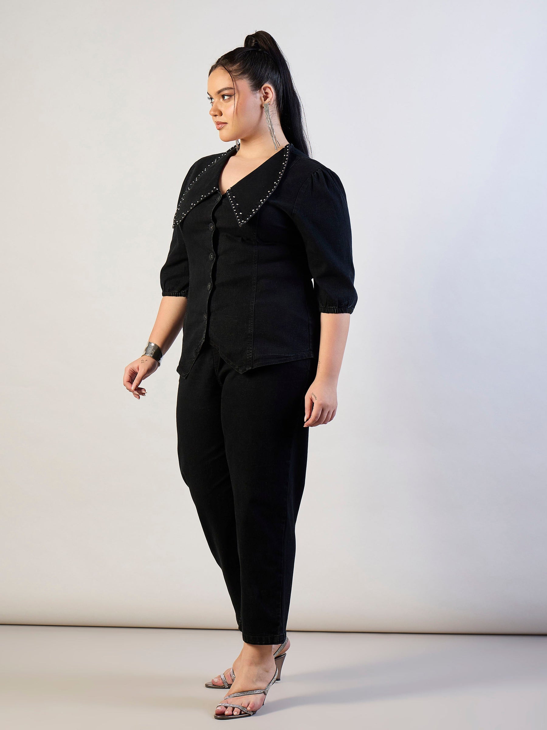 Jet Black Denim Peter Pan Top With Mom Fit Jeans-SASSAFRAS CURVE
