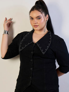 Jet Black Denim Peter Pan Top With Mom Fit Jeans-SASSAFRAS CURVE