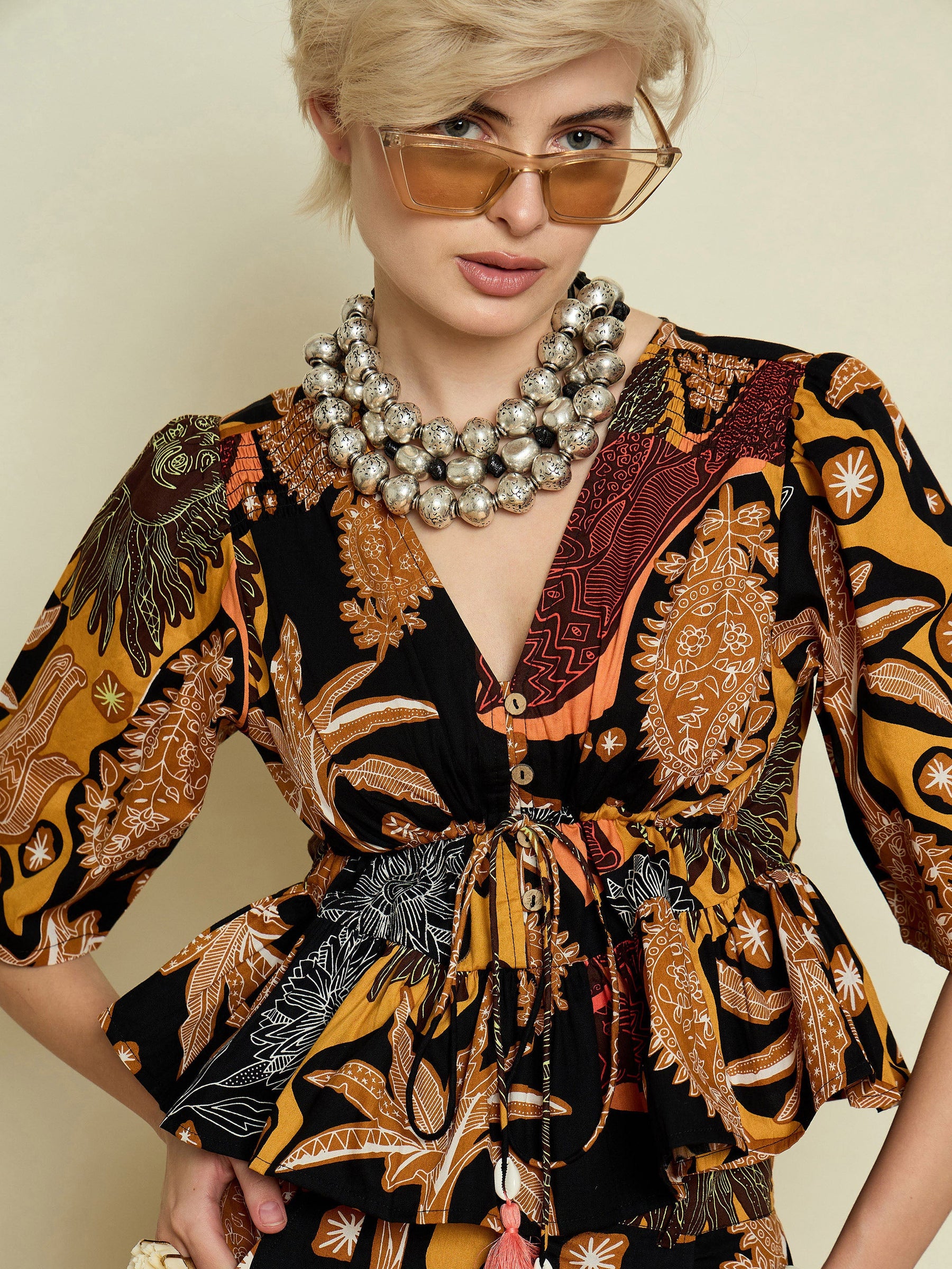 Black Boho Printed Peplum Top With Skirt-Pink Paprika By SASSAFRAS