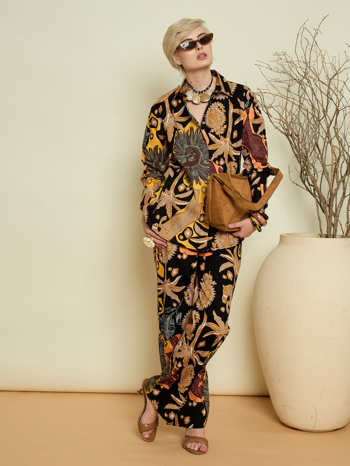 Black Boho Printed Shirt With Straight Pants-Pink Paprika By SASSAFRAS