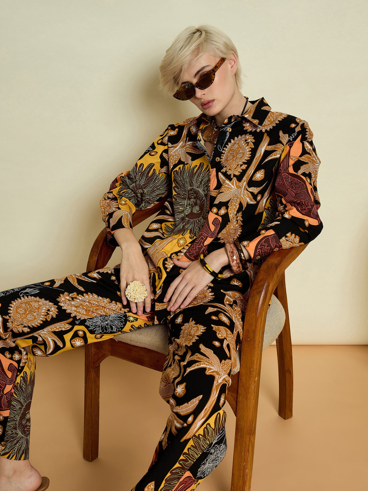 Black Boho Printed Shirt With Straight Pants-Pink Paprika By SASSAFRAS