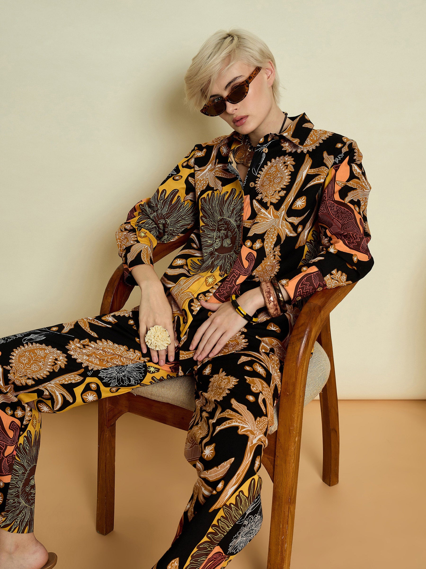 Black Boho Printed Shirt With Straight Pants-Pink Paprika By SASSAFRAS