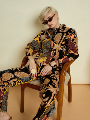 Black Boho Printed Shirt With Straight Pants-Pink Paprika By SASSAFRAS
