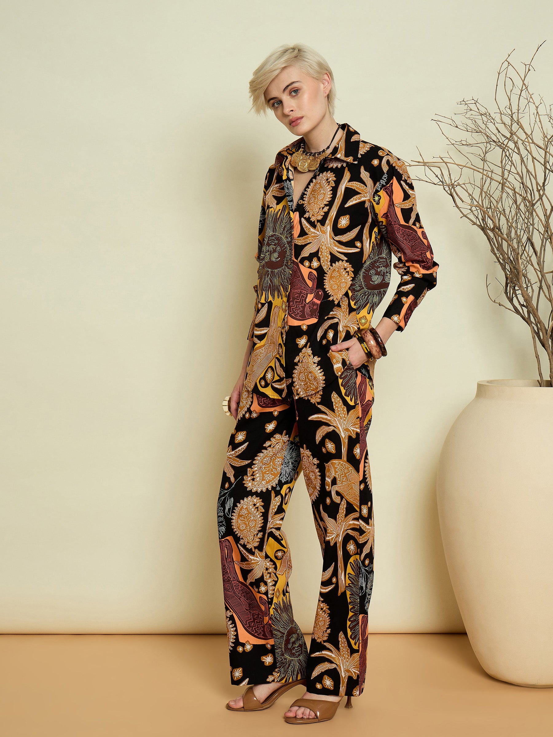 Black Boho Printed Shirt With Straight Pants-Pink Paprika By SASSAFRAS