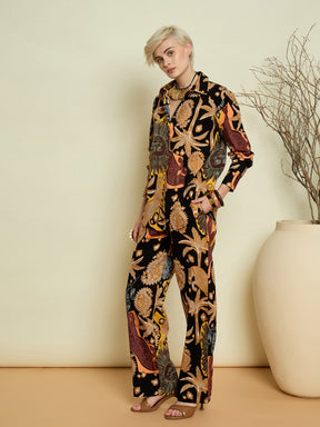 Black Boho Printed Shirt With Straight Pants-Pink Paprika By SASSAFRAS