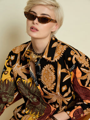 Black Boho Printed Shirt With Straight Pants-Pink Paprika By SASSAFRAS
