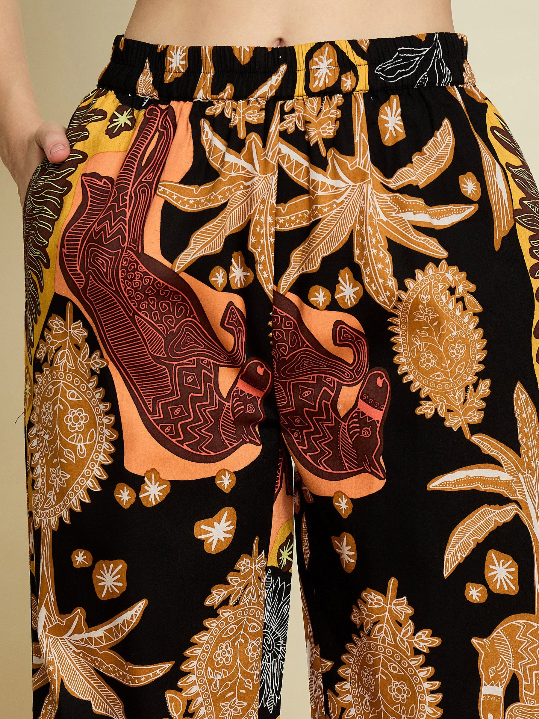 Black Boho Printed Shirt With Straight Pants-Pink Paprika By SASSAFRAS