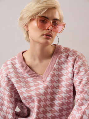 Pink & White Houndstooth V-Neck Sweater With Joggers-SASSAFRAS