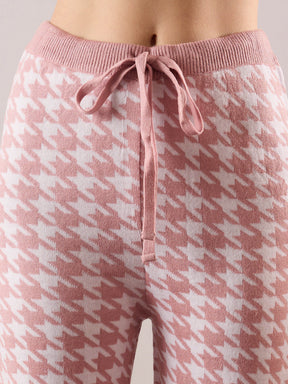 Pink & White Houndstooth V-Neck Sweater With Joggers-SASSAFRAS