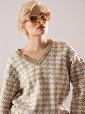 Beige & White Houndstooth V-Neck Sweater With Joggers-SASSAFRAS