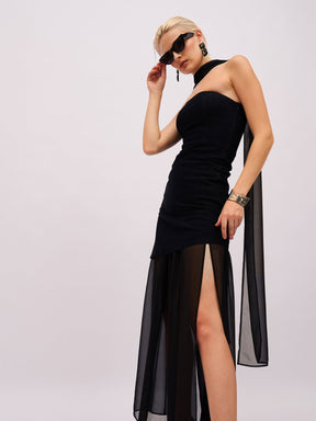 Jet Black Denim Tube Top With Georgette Skirt & Scarf-SASSAFRAS