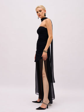 Jet Black Denim Tube Top With Georgette Skirt & Scarf-SASSAFRAS