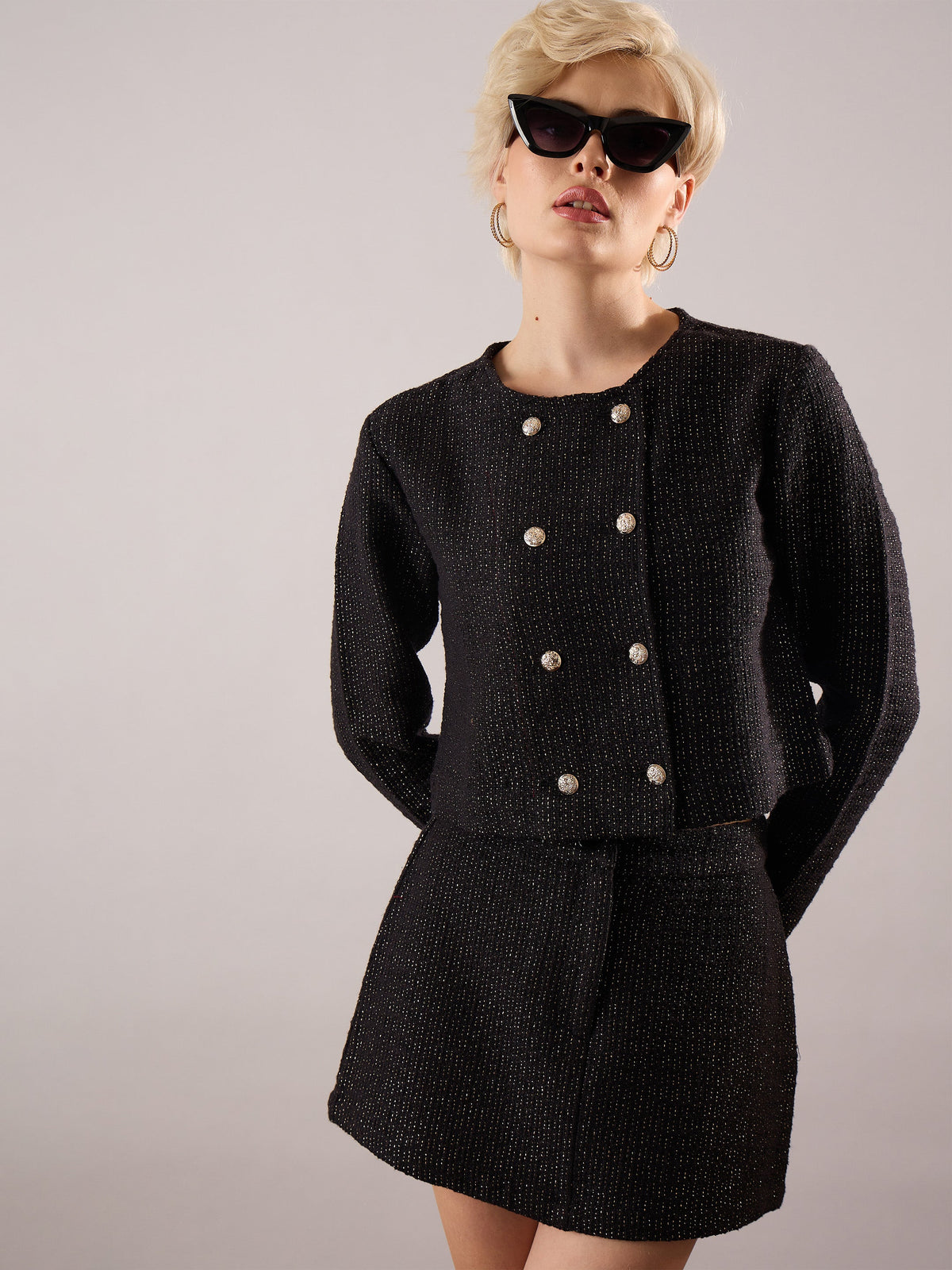 Black Tweed Full Sleeves Crop Blazer With Mini Skirt-SASSAFRAS