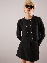 Black Tweed Full Sleeves Crop Blazer With Mini Skirt-SASSAFRAS