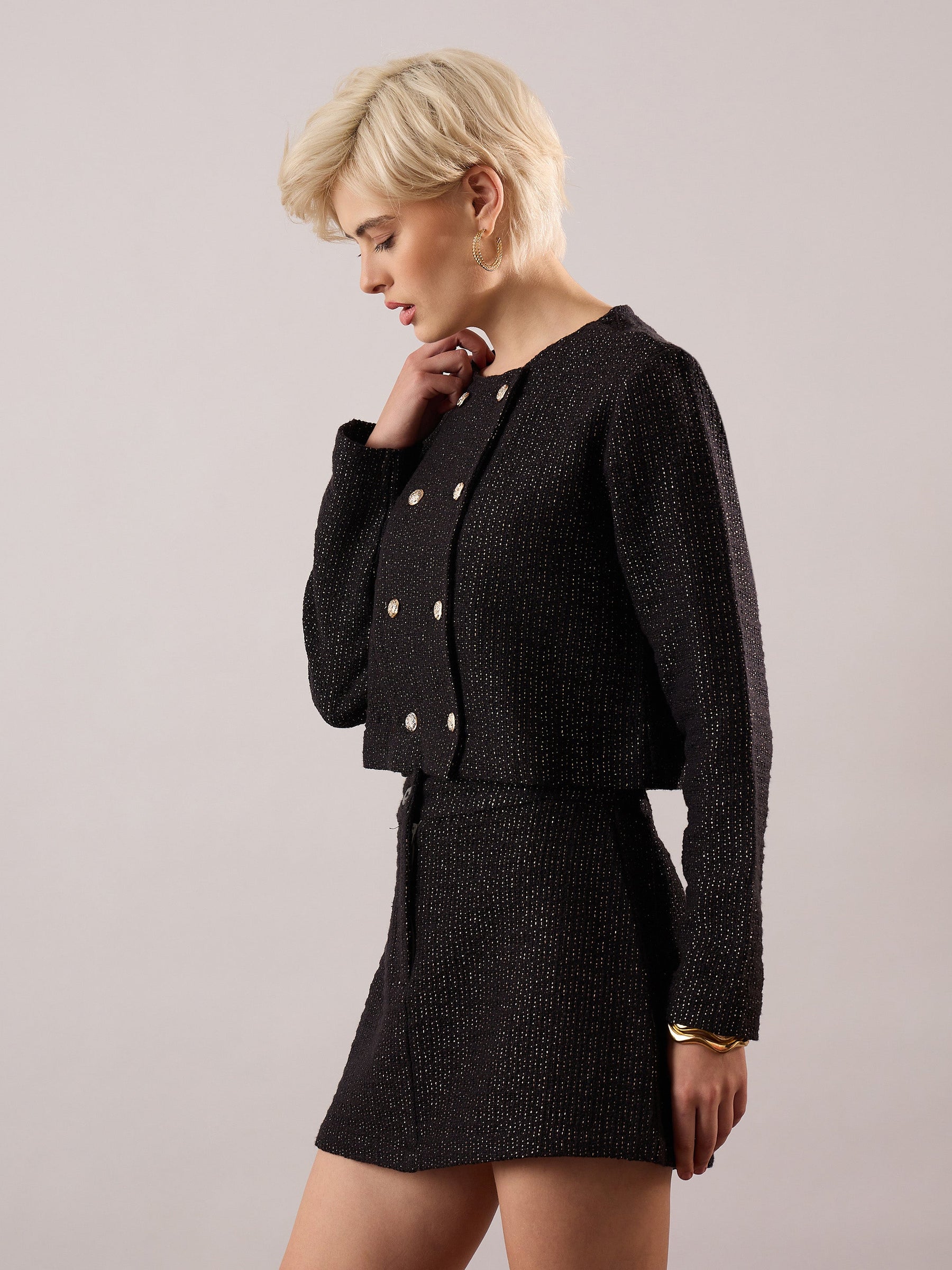 Black Tweed Full Sleeves Crop Blazer With Mini Skirt-SASSAFRAS
