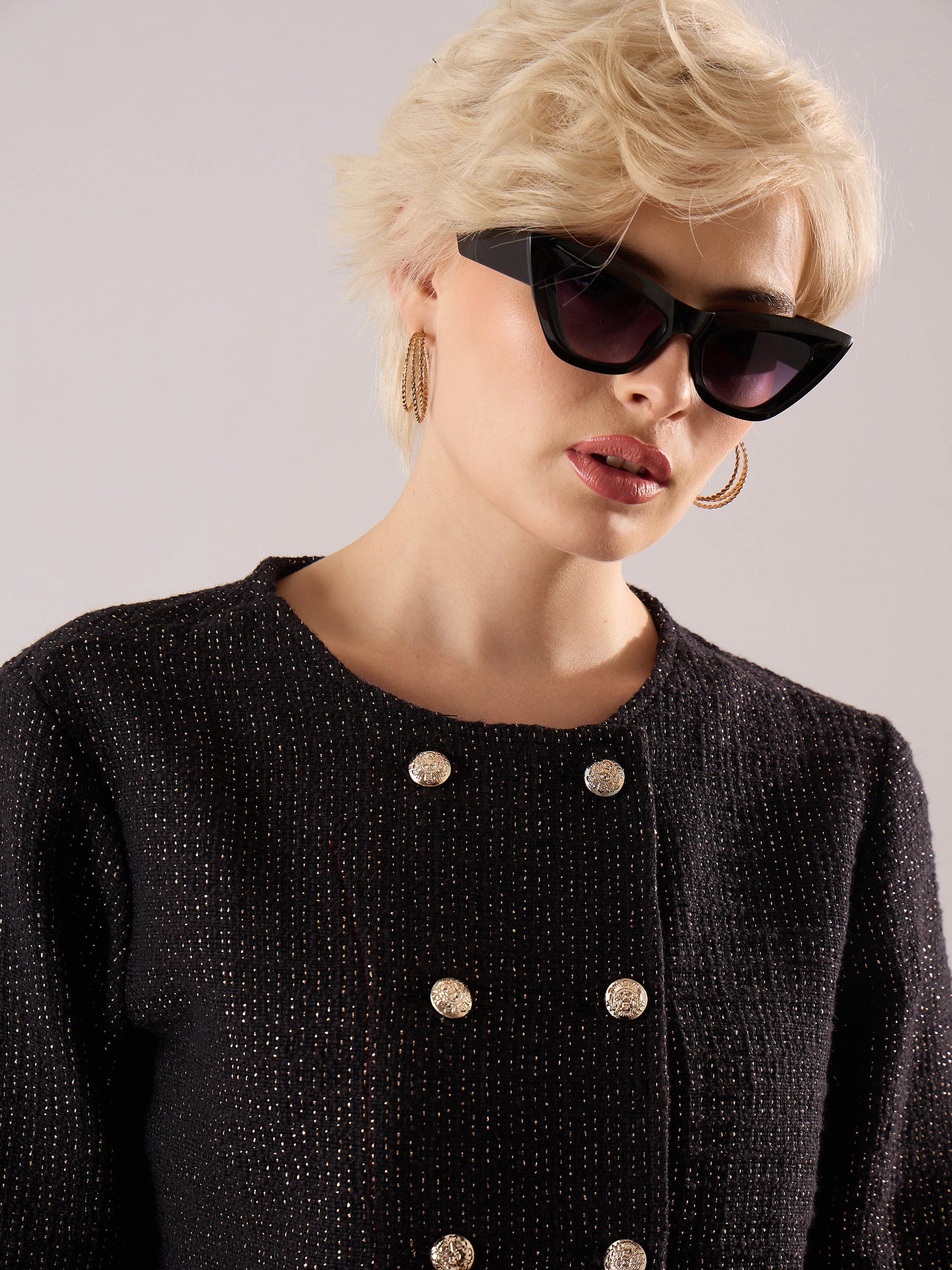 Black Tweed Full Sleeves Crop Blazer With Mini Skirt-SASSAFRAS