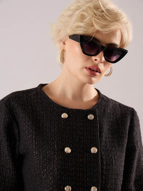 Black Tweed Full Sleeves Crop Blazer With Mini Skirt-SASSAFRAS