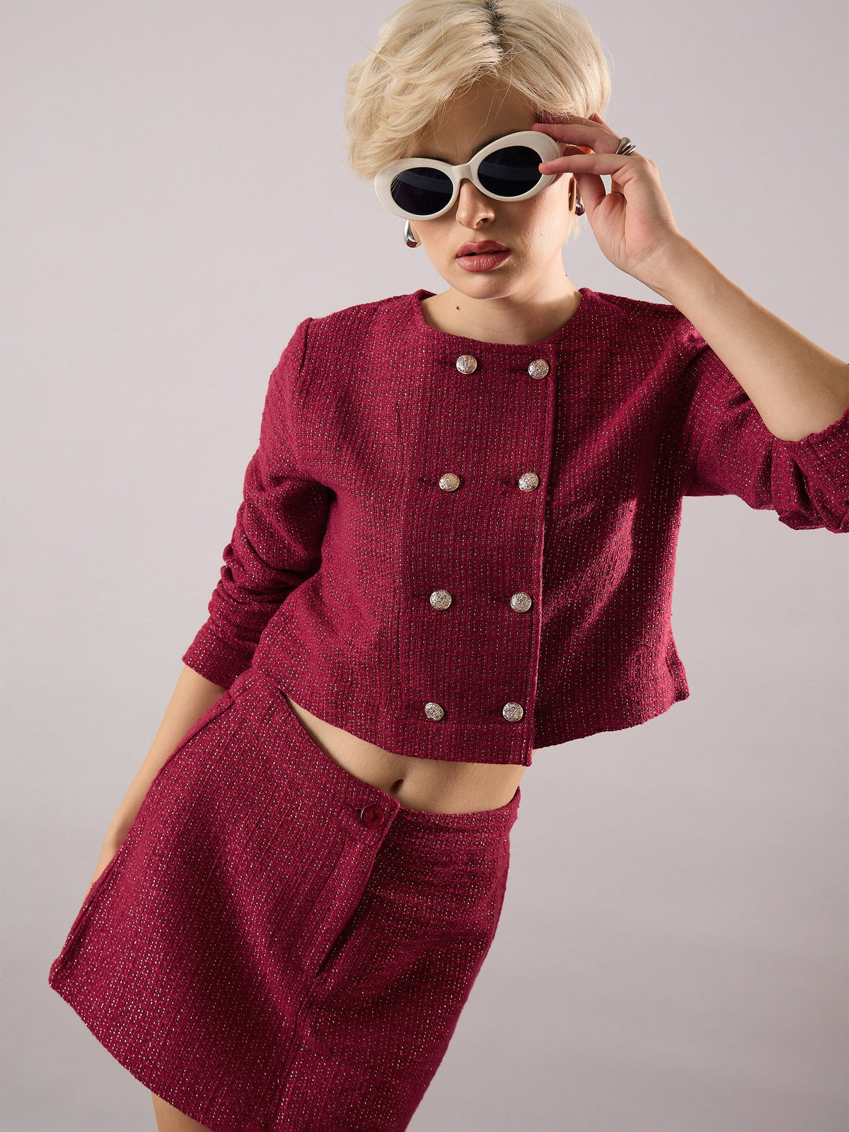 Maroon Tweed Full Sleeves Crop Blazer With Mini Skirt-SASSAFRAS