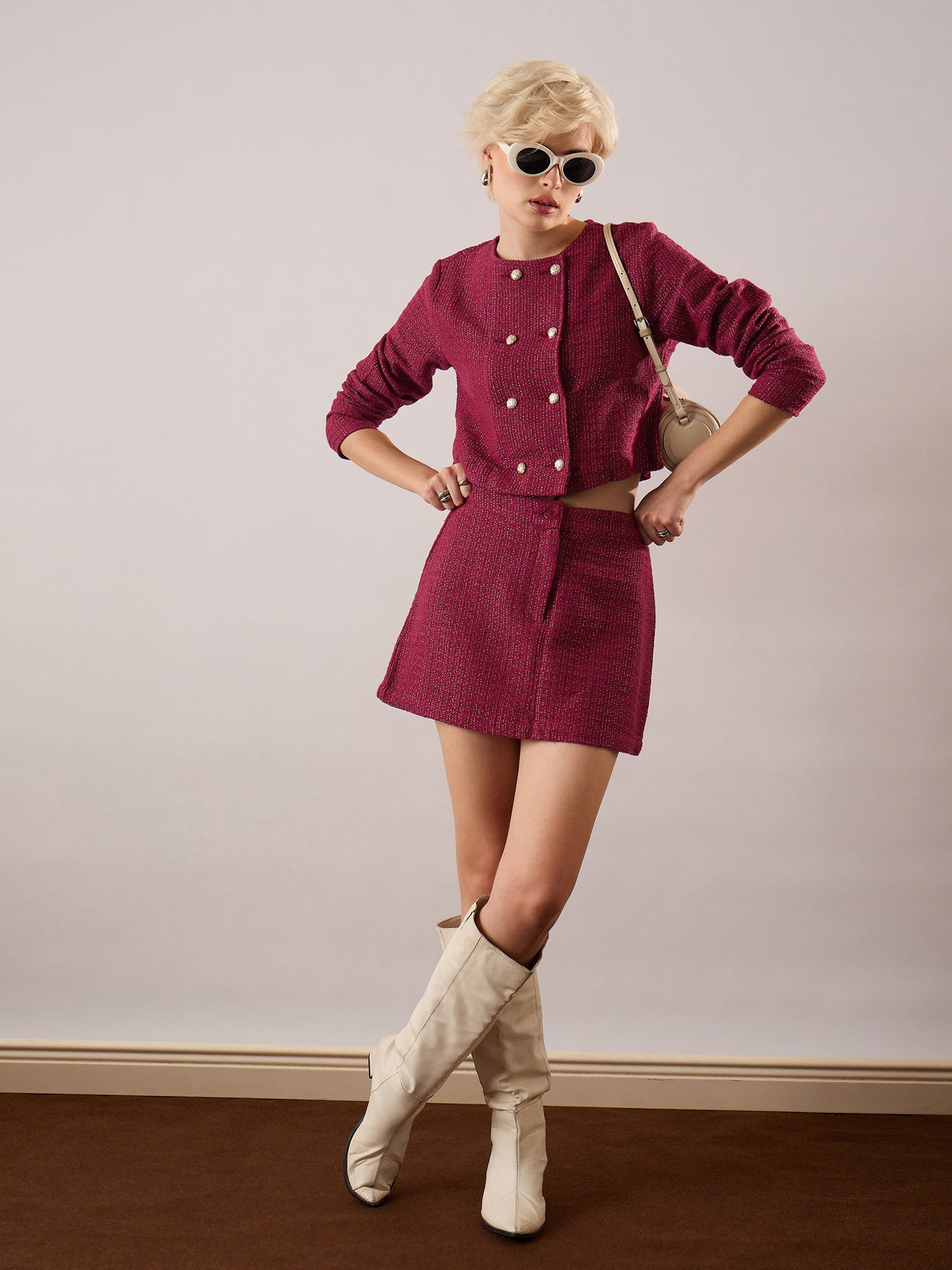Maroon Tweed Full Sleeves Crop Blazer With Mini Skirt-SASSAFRAS