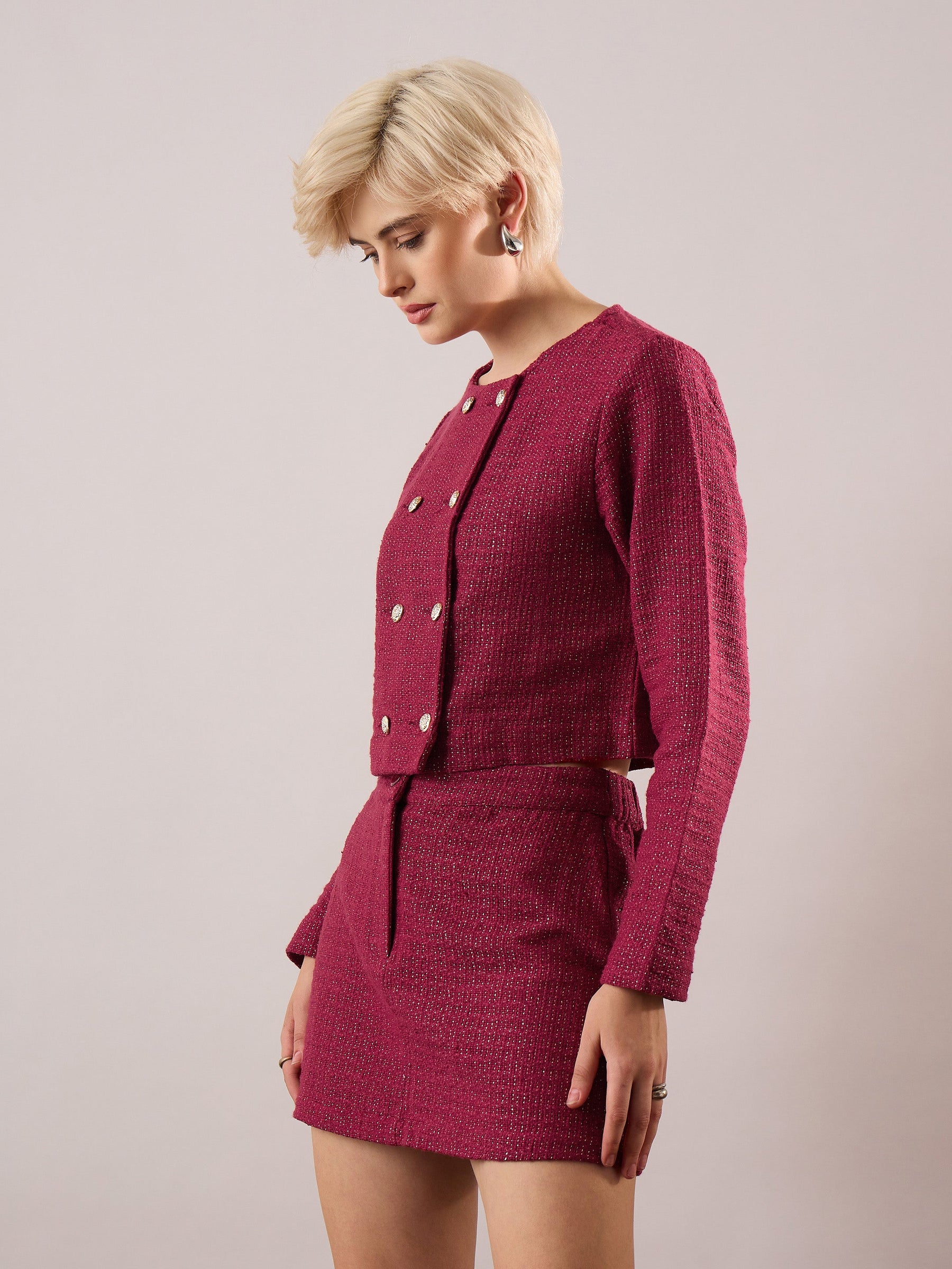 Maroon Tweed Full Sleeves Crop Blazer With Mini Skirt-SASSAFRAS