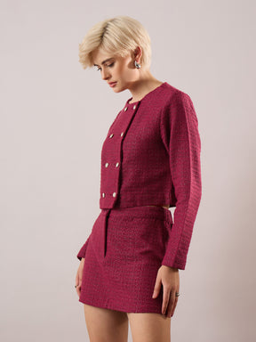 Maroon Tweed Full Sleeves Crop Blazer With Mini Skirt-SASSAFRAS