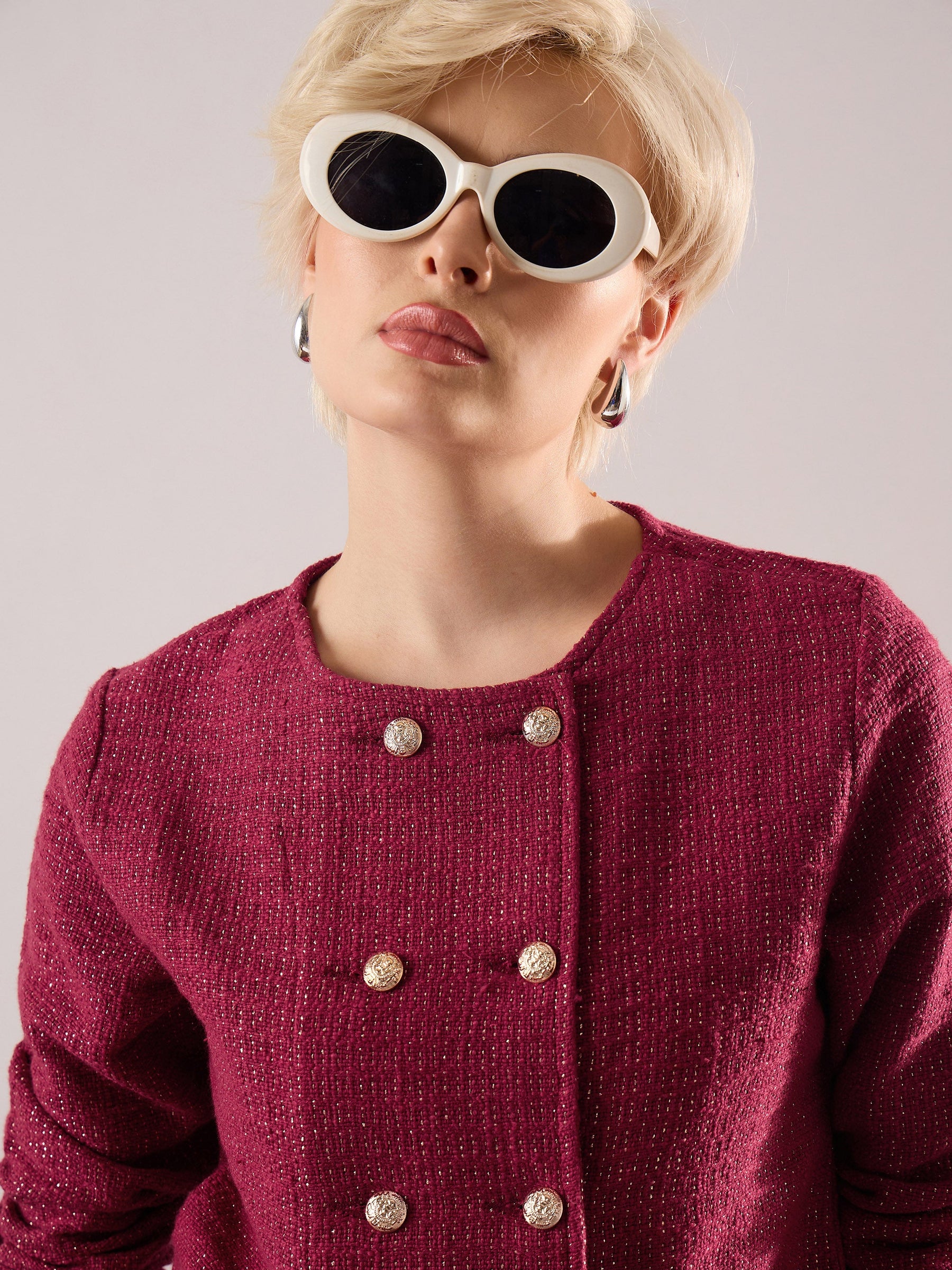 Maroon Tweed Full Sleeves Crop Blazer With Mini Skirt-SASSAFRAS