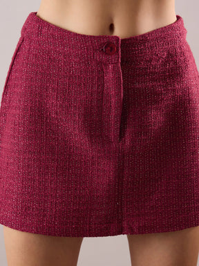 Maroon Tweed Full Sleeves Crop Blazer With Mini Skirt-SASSAFRAS