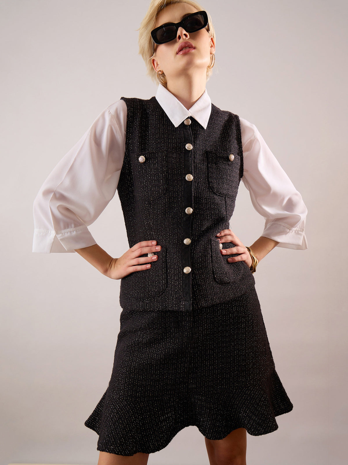 Black Tweed Waist Top With Flared Mini Skirt-SASSAFRAS
