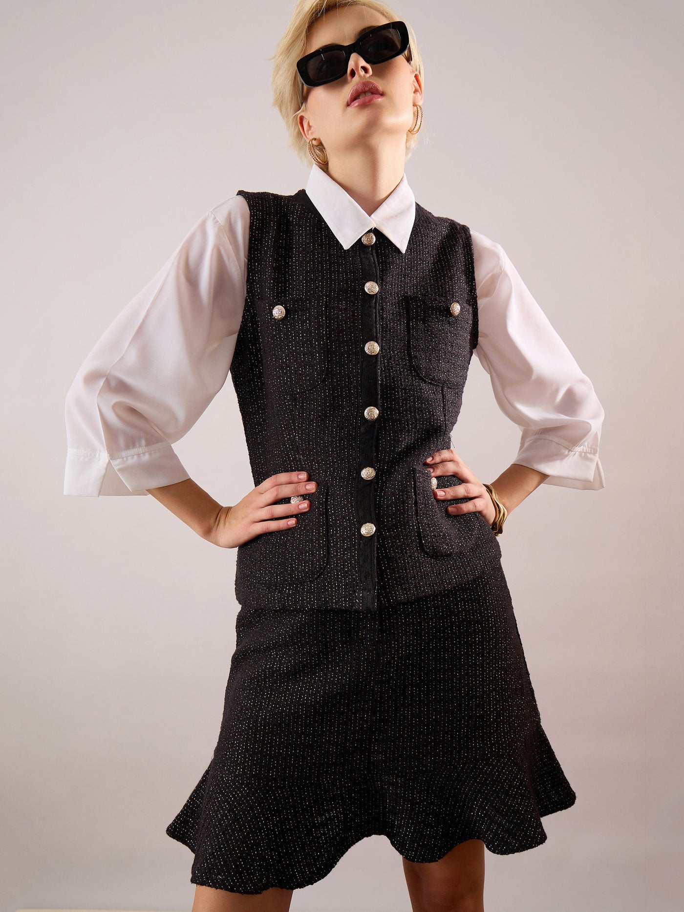 Black Tweed Waist Top With Flared Mini Skirt-SASSAFRAS