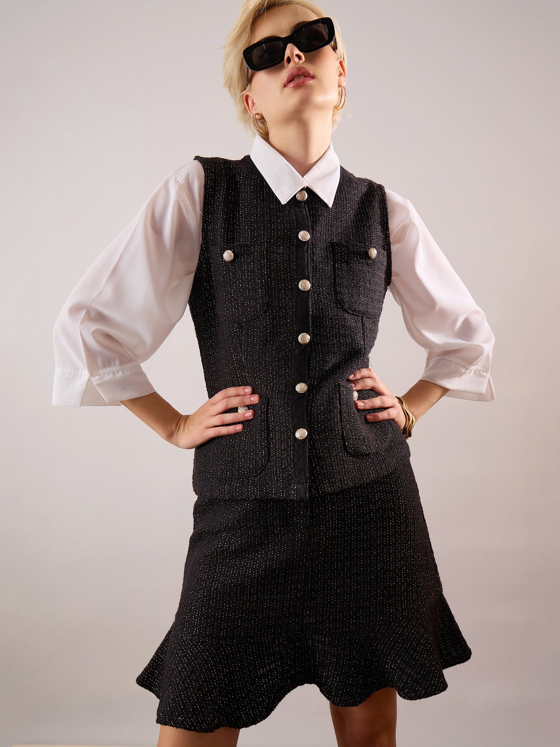 Black Tweed Waist Top With Flared Mini Skirt-SASSAFRAS